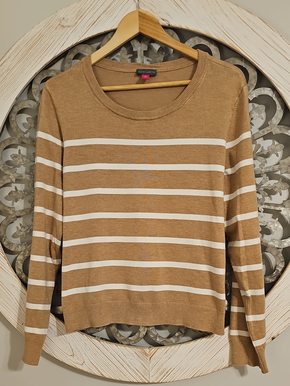 Vince Camuto Cream and Tan Striped Crewneck Sweater